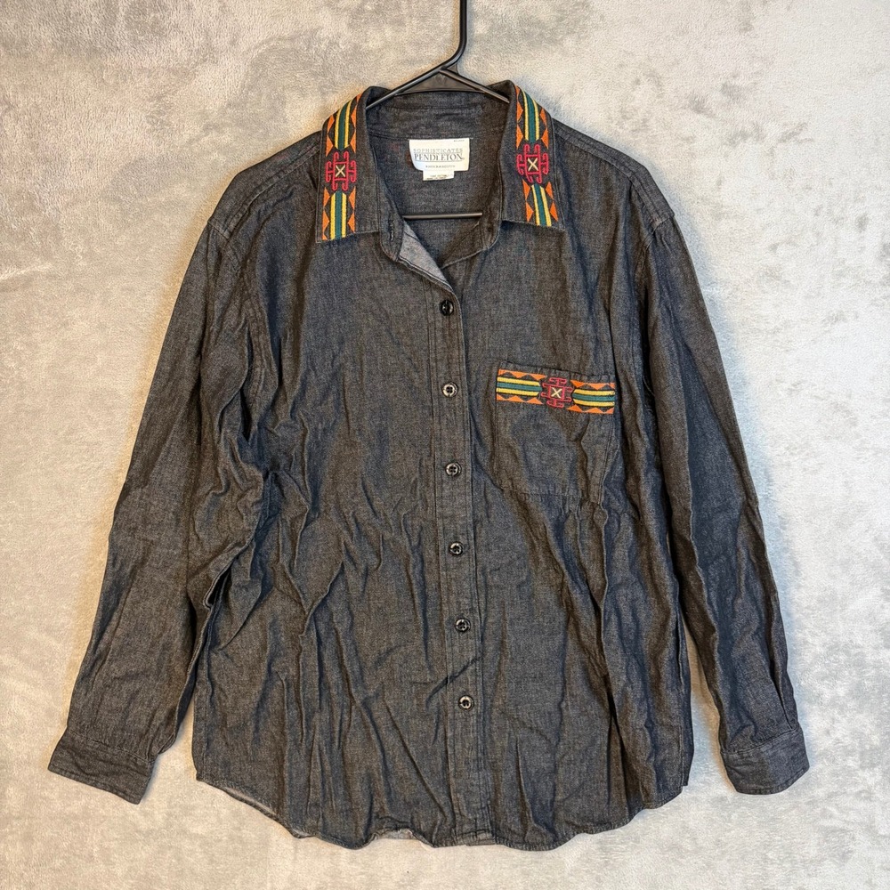 Pendleton Button Down Shirt Womens 12 Knockabouts Gray Denim Embroidered EUC